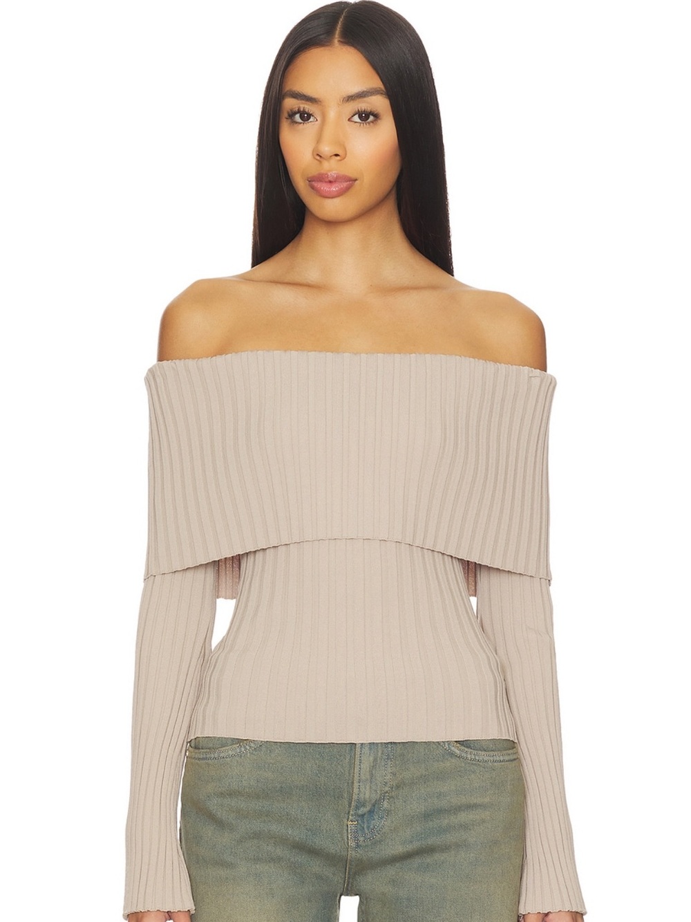 Women's Ribbed Off-the-Shoulder Sweater in Taupe
